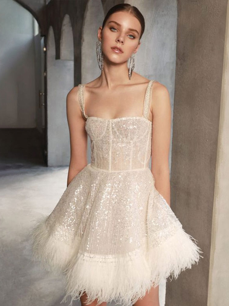 Off Shoulder Slip Feather Sequin Sleeveless Dress Mssaz Desses