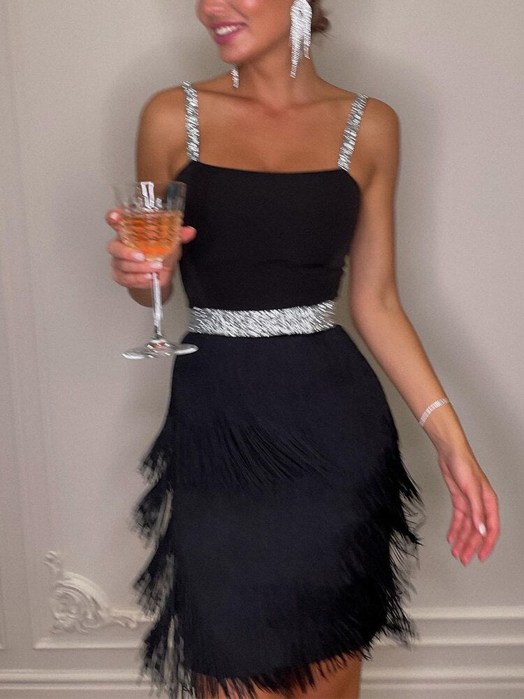 Off Shoulder Suspender Fringed Slim Dress Mssaz Desses