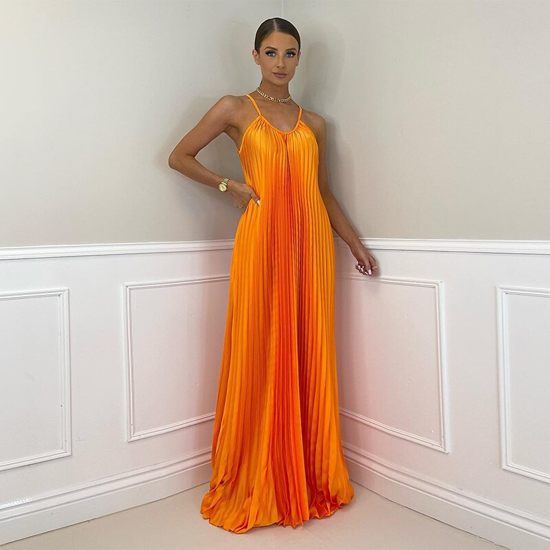 Pleated Long Halter Sleeveless Sling Banquet Dress Mssaz Desses