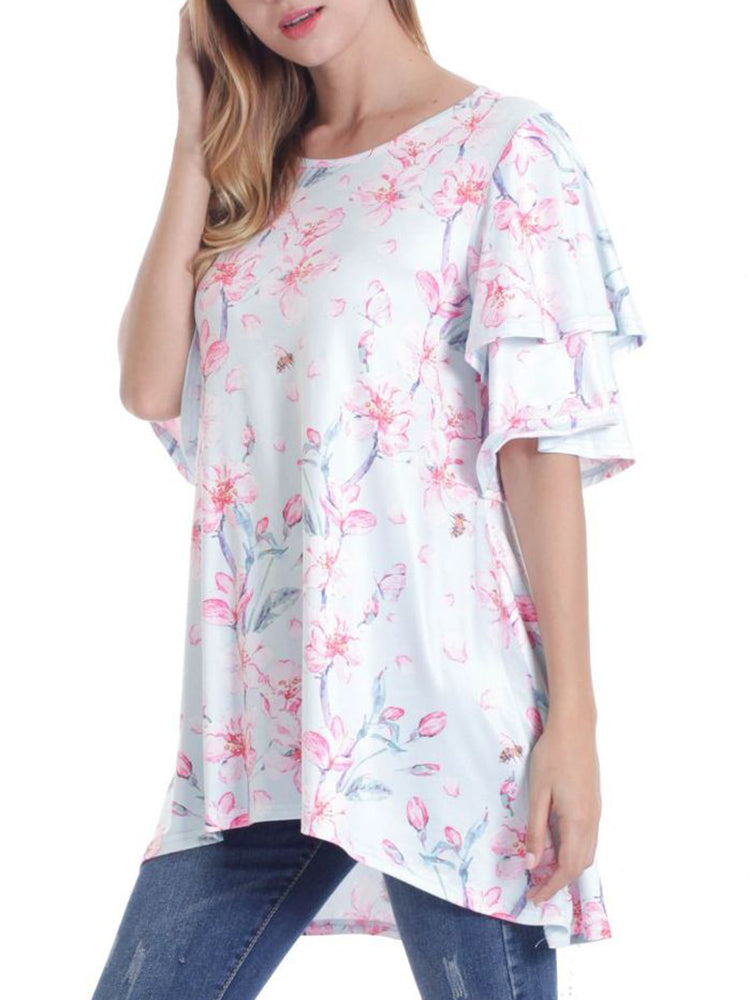 Women Short Sleeve Round Neck Floral Print Irregular T-shirts â€?Light Blue 4 Mssza