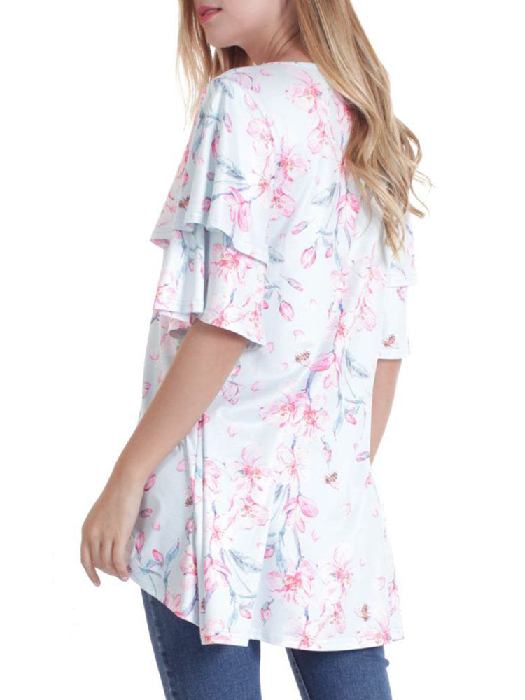Women Short Sleeve Round Neck Floral Print Irregular T-shirts â€?Light Blue 4 Mssza
