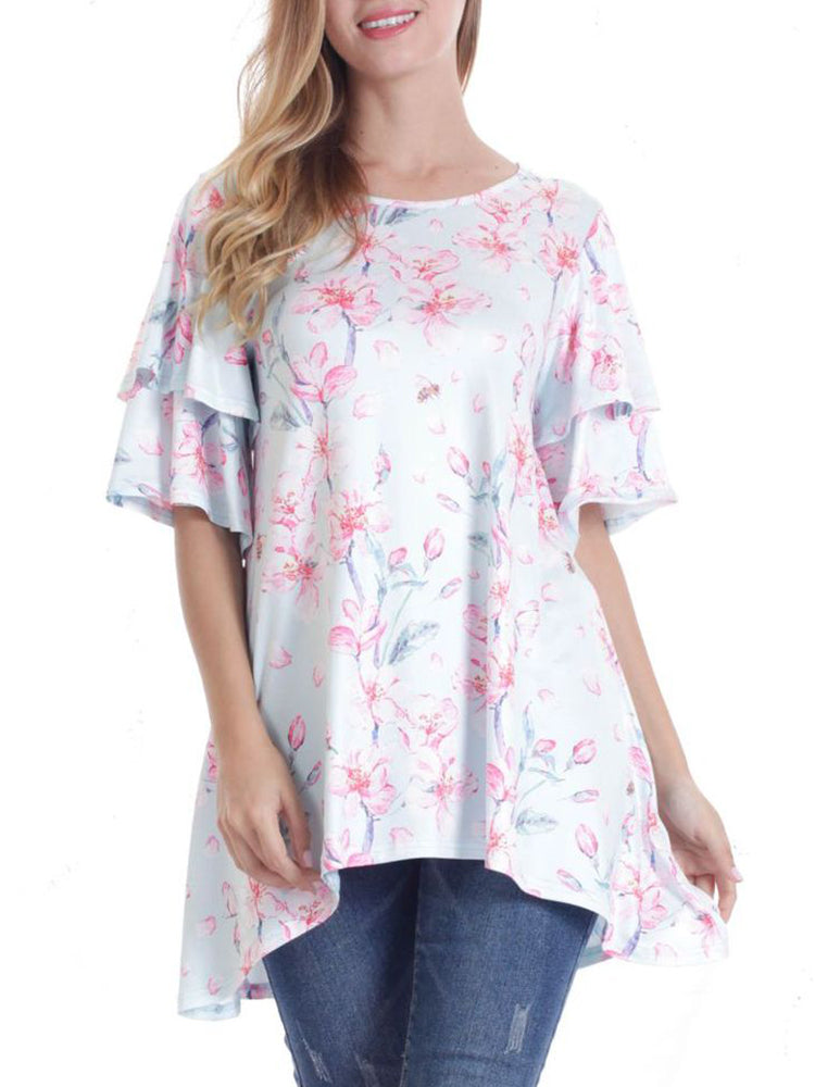 Women Short Sleeve Round Neck Floral Print Irregular T-shirts â€?Light Blue 4 Mssza