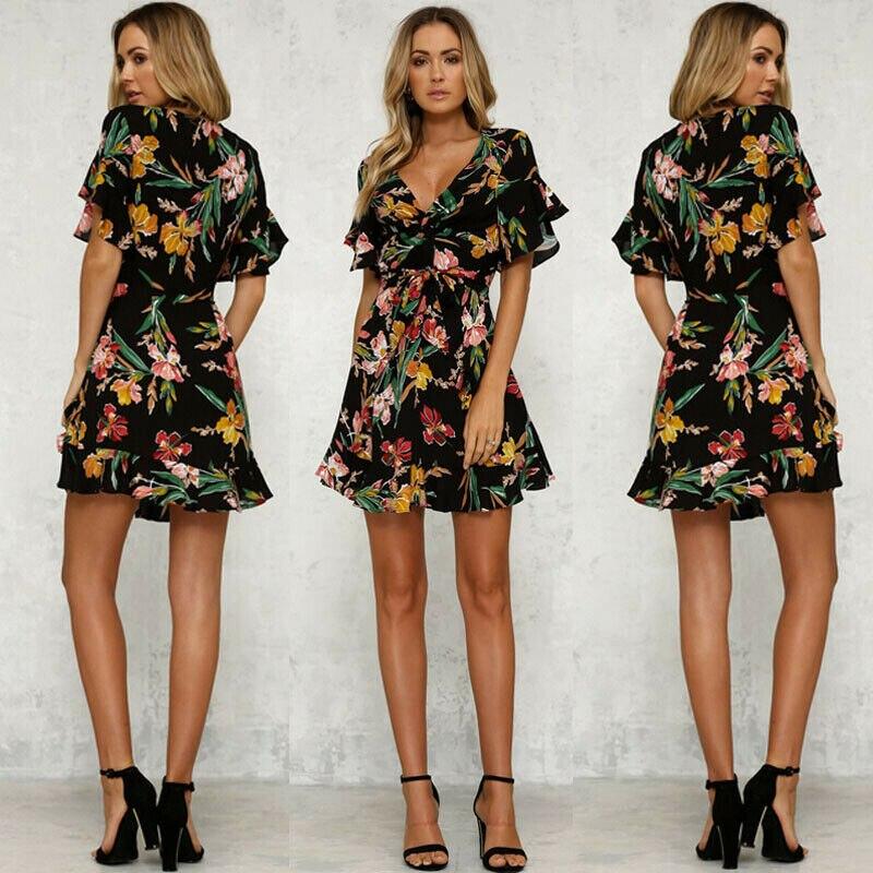 Short Sleeve Wrap Boho Floral Mini Dress Ladies  Party Beach Casual V-Neck Short Sundress Holiday Mssaz Desses