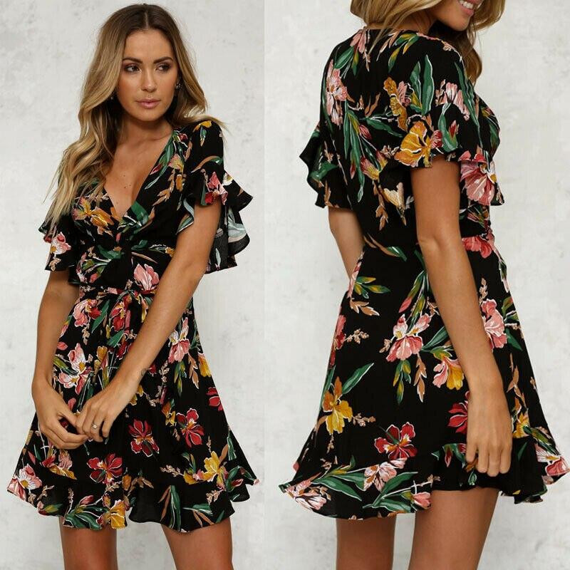 Short Sleeve Wrap Boho Floral Mini Dress Ladies  Party Beach Casual V-Neck Short Sundress Holiday Mssaz Desses