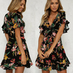 Short Sleeve Wrap Boho Floral Mini Dress Ladies  Party Beach Casual V-Neck Short Sundress Holiday Mssaz Desses