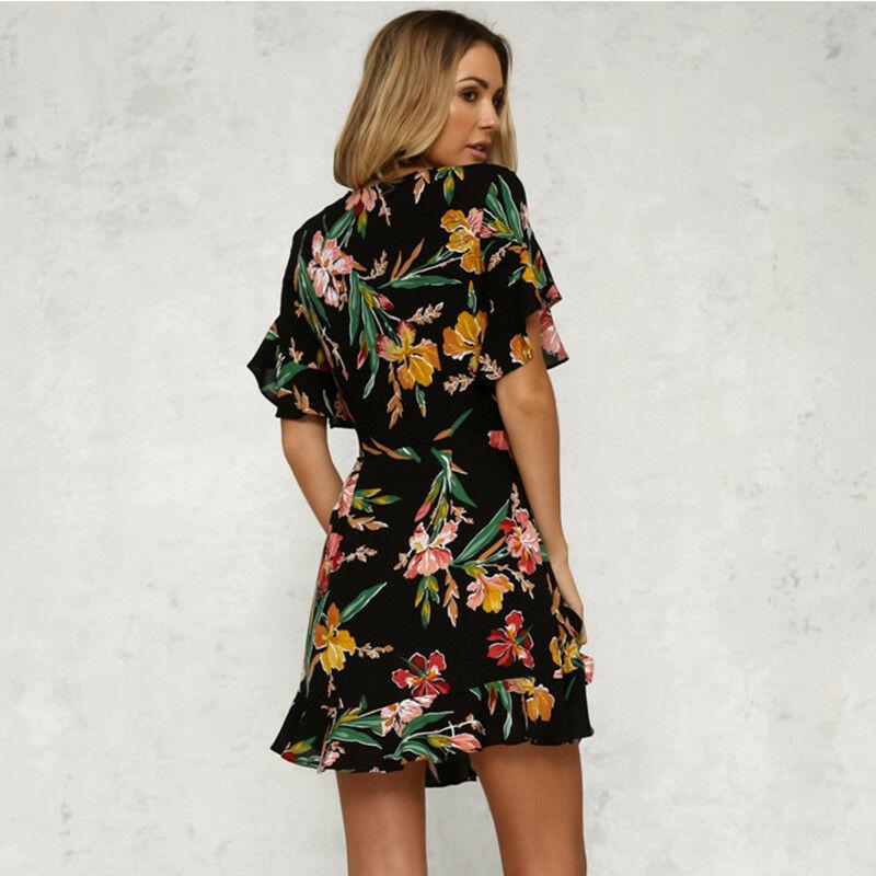 Short Sleeve Wrap Boho Floral Mini Dress Ladies  Party Beach Casual V-Neck Short Sundress Holiday Mssaz Desses