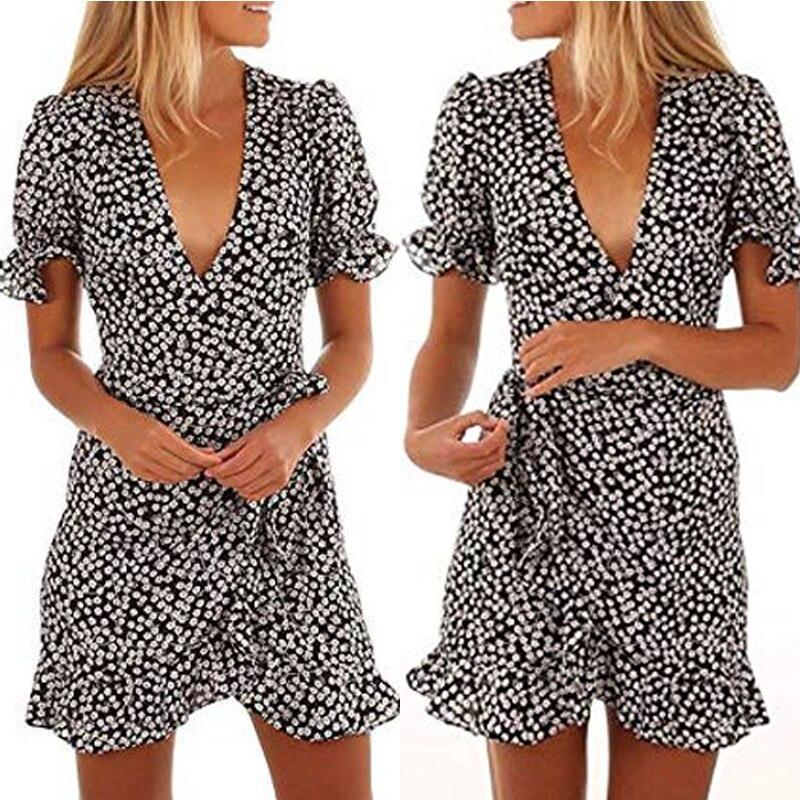 Short Sleeve Wrap Boho Floral Short Mini Dress Party Evening  Beach Ladies Casual Holiday Sundress Mssaz Desses
