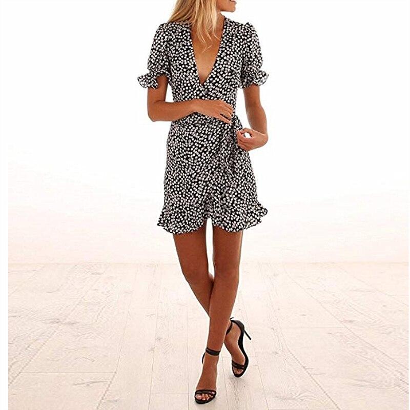 Short Sleeve Wrap Boho Floral Short Mini Dress Party Evening  Beach Ladies Casual Holiday Sundress Mssaz Desses