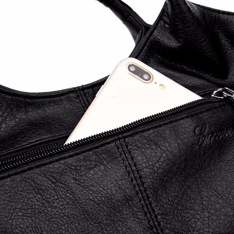 Women Soft Leather Handbags Stitching Solid Large Capacity Shoulder Bags Mssza