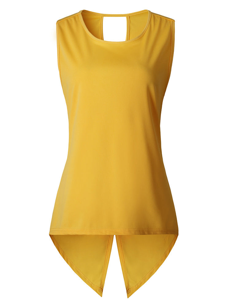 Women Solid Color Back Cross Irregular Hem Sleeveless Blouse Mssza