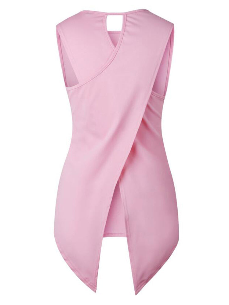 Women Solid Color Back Cross Irregular Hem Sleeveless Blouse Mssza