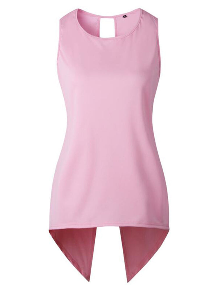 Women Solid Color Back Cross Irregular Hem Sleeveless Blouse Mssza