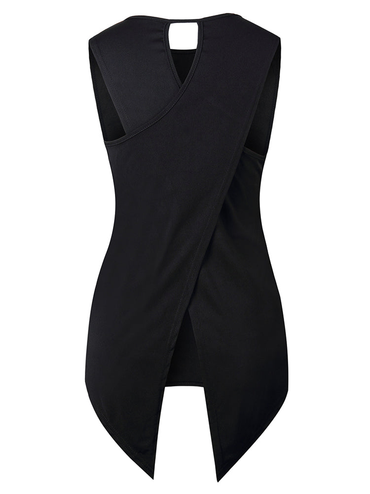 Women Solid Color Back Cross Irregular Hem Sleeveless Blouse Mssza