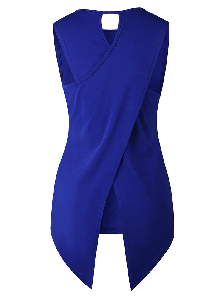Women Solid Color Back Cross Irregular Hem Sleeveless Blouse Mssza