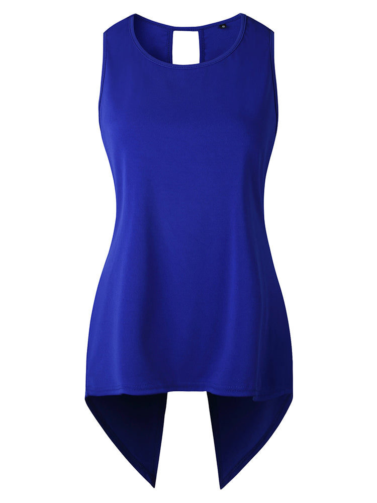 Women Solid Color Back Cross Irregular Hem Sleeveless Blouse Mssza