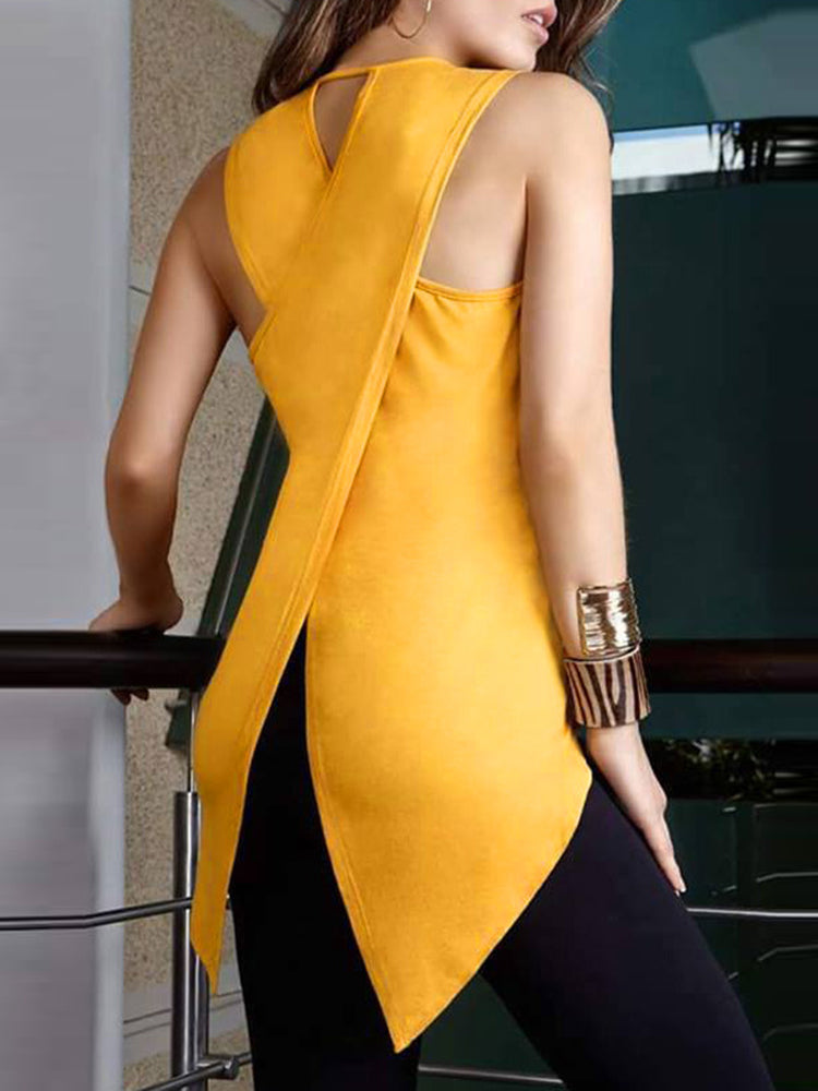 Women Solid Color Back Cross Irregular Hem Sleeveless Blouse Mssza