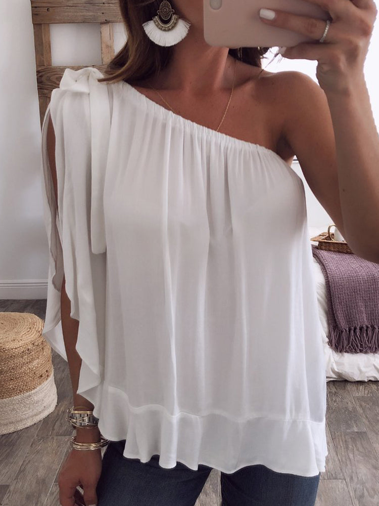 Women Solid Color Off Shoulder Chiffon Blouse Mssza