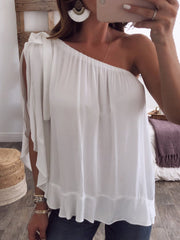 Women Solid Color Off Shoulder Chiffon Blouse Mssza