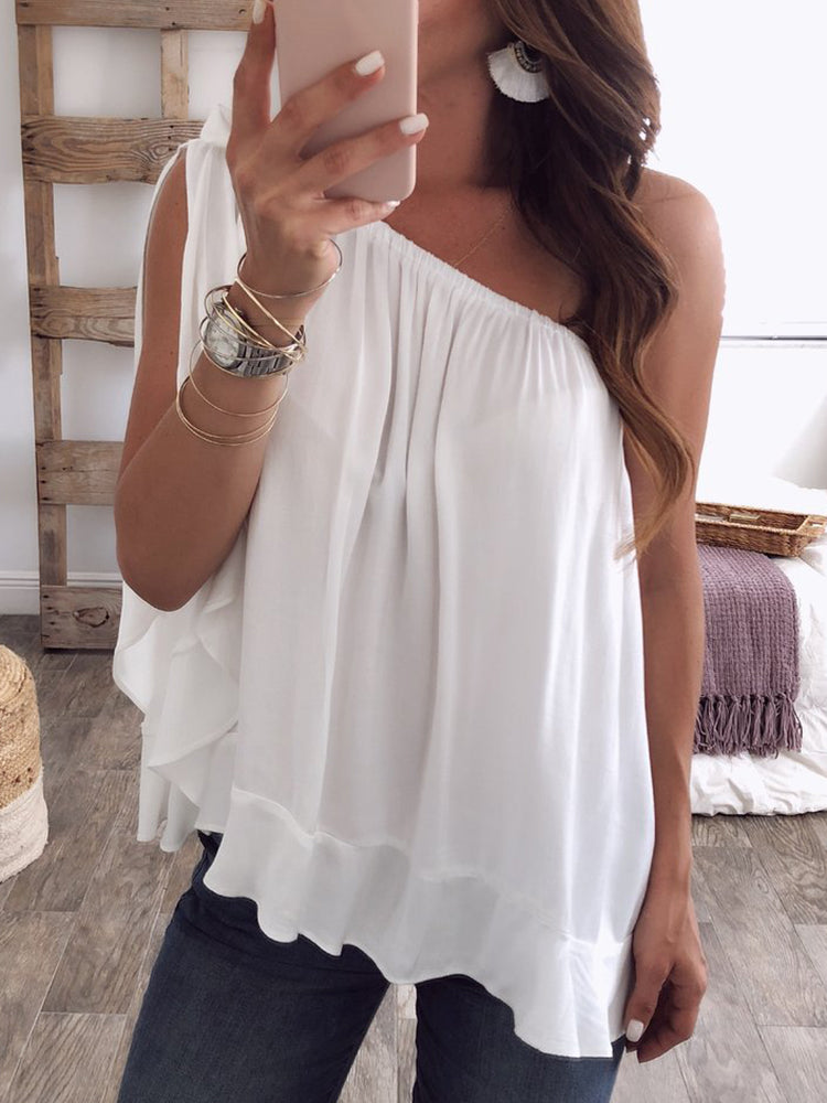 Women Solid Color Off Shoulder Chiffon Blouse Mssza
