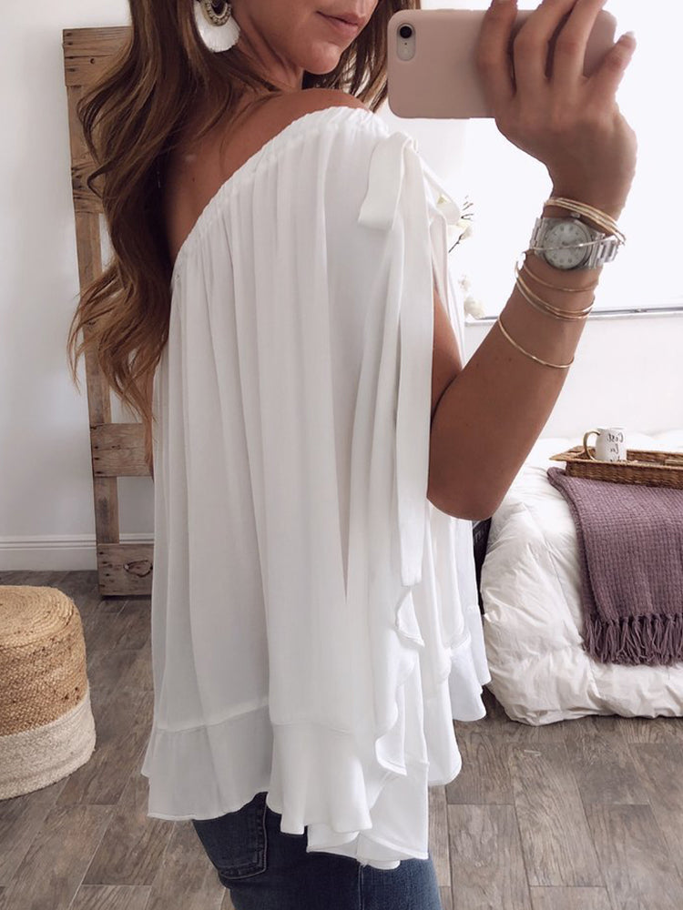 Women Solid Color Off Shoulder Chiffon Blouse Mssza