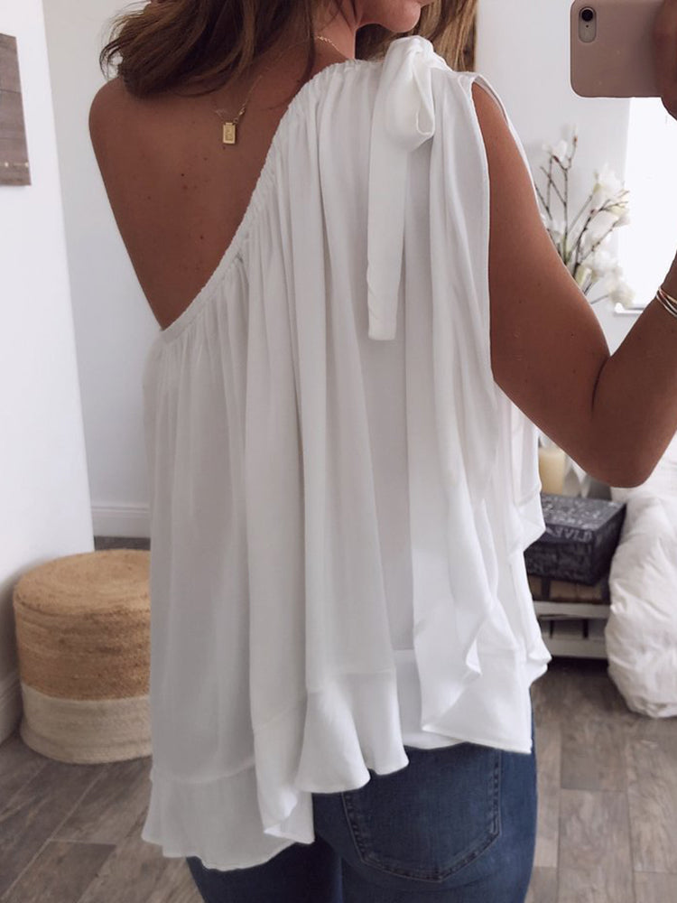 Women Solid Color Off Shoulder Chiffon Blouse Mssza