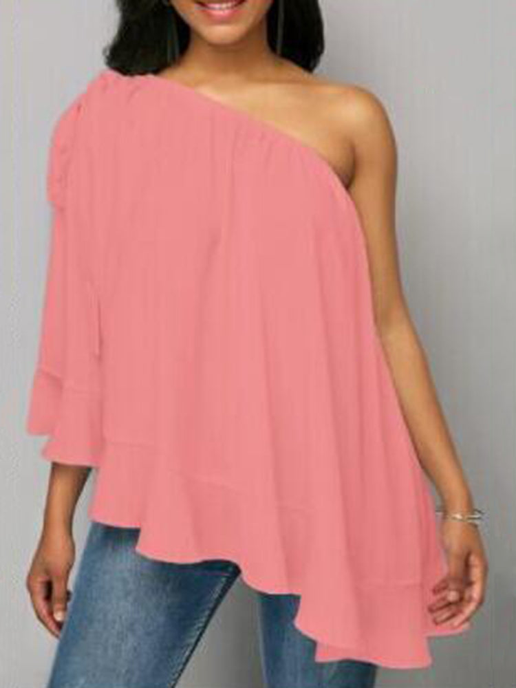 Women Solid Color Off Shoulder Chiffon Blouse Mssza