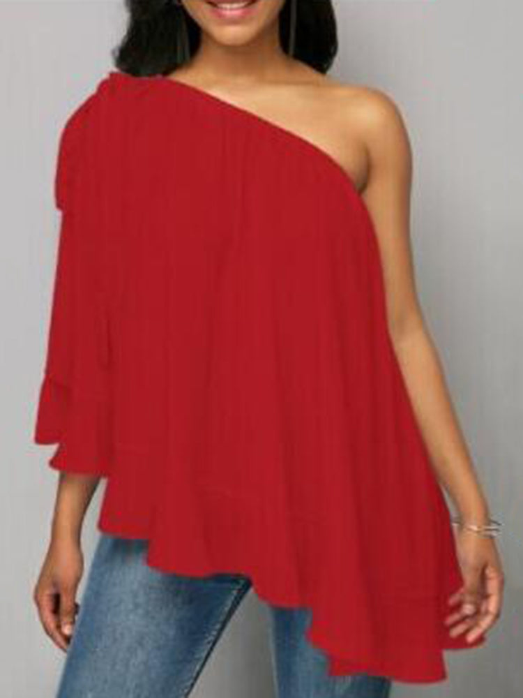 Women Solid Color Off Shoulder Chiffon Blouse Mssza