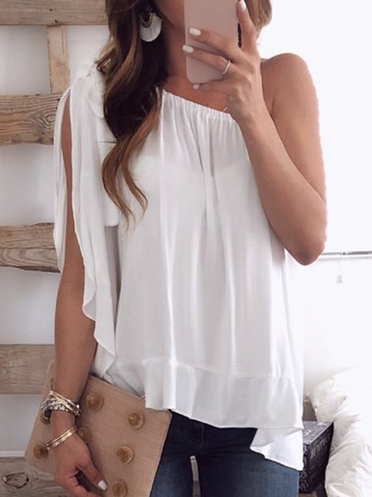 Women Solid Color Off Shoulder Chiffon Blouse Mssza