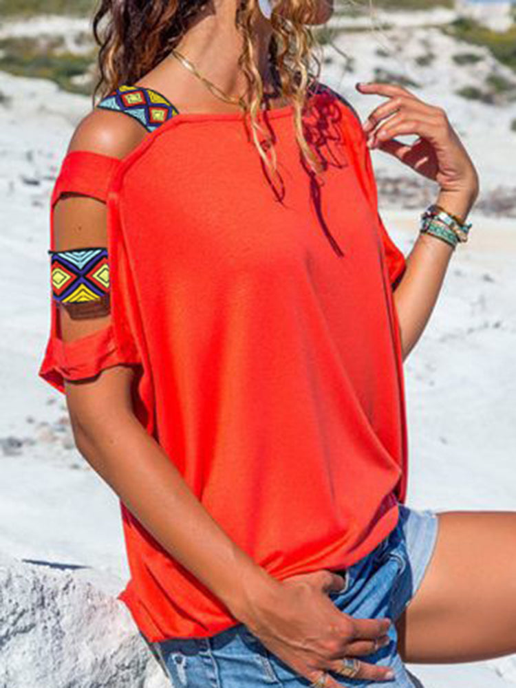 Women Solid Color Off Shoulder Short Sleeve Blouse Mssza