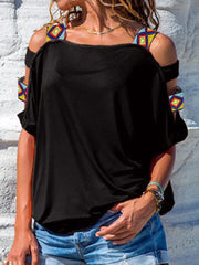 Women Solid Color Off Shoulder Short Sleeve Blouse Mssza