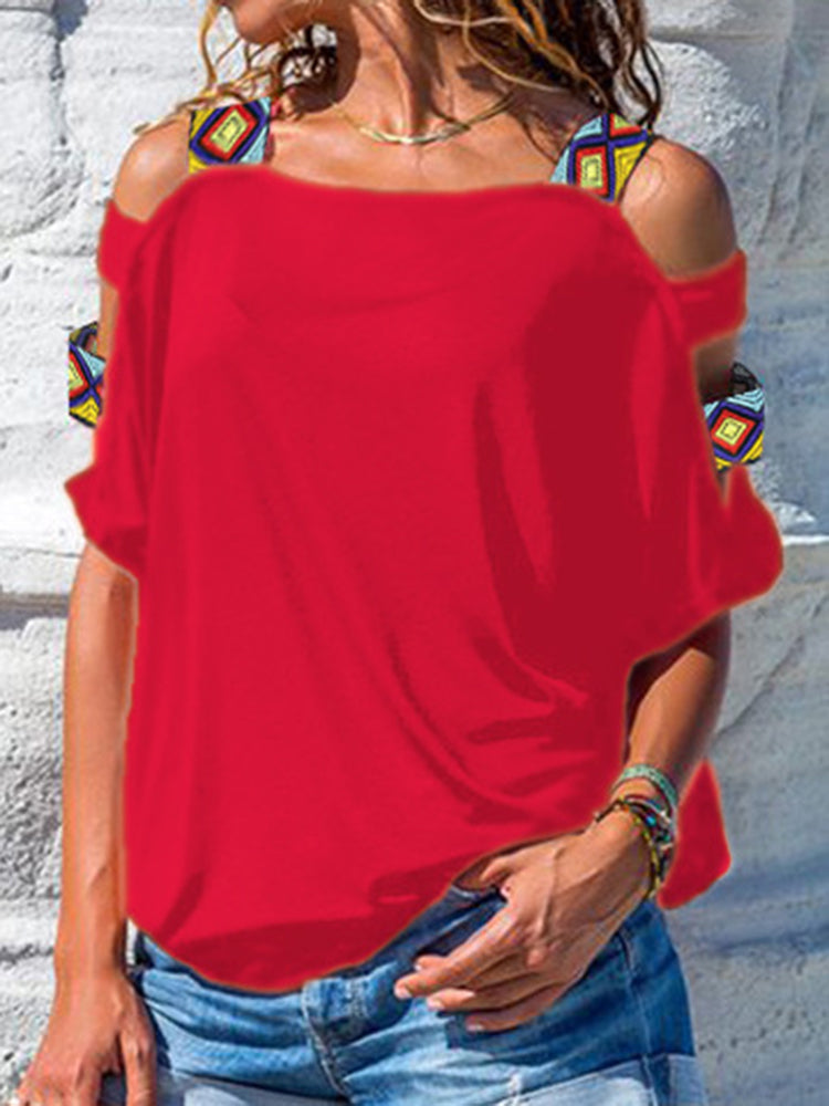 Women Solid Color Off Shoulder Short Sleeve Blouse Mssza