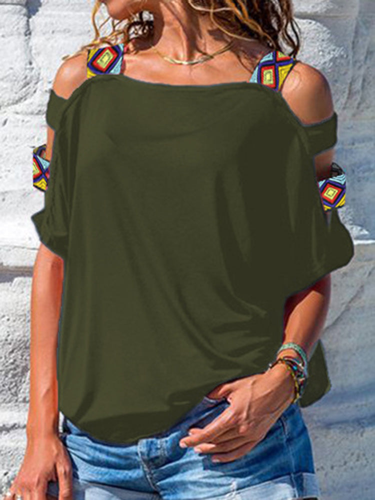 Women Solid Color Off Shoulder Short Sleeve Blouse Mssza