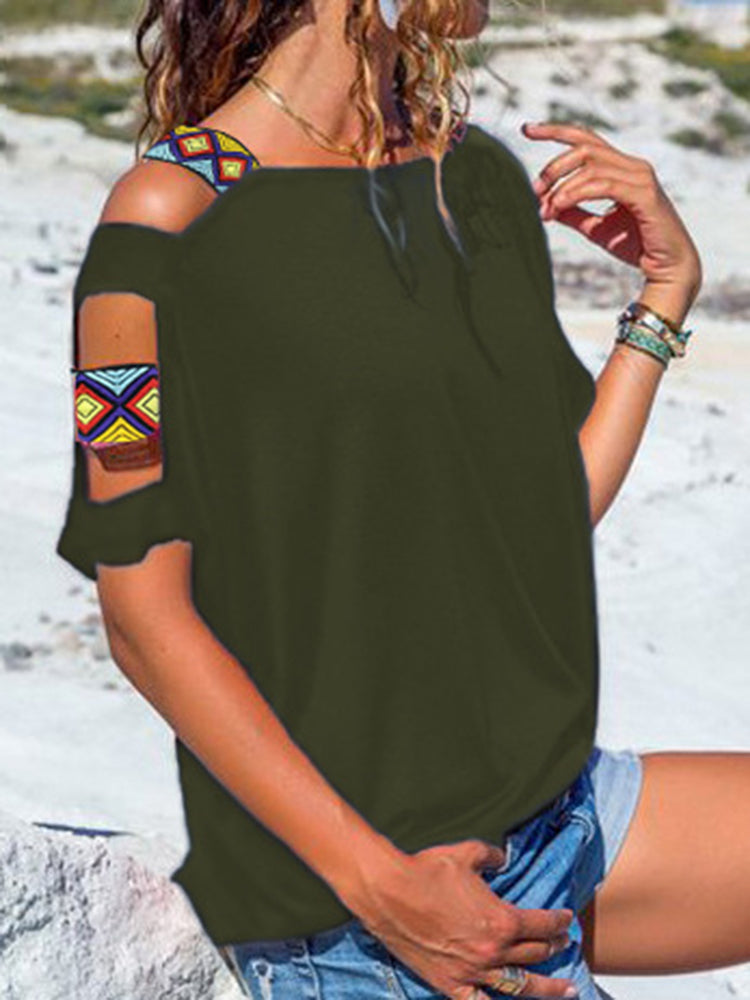Women Solid Color Off Shoulder Short Sleeve Blouse Mssza