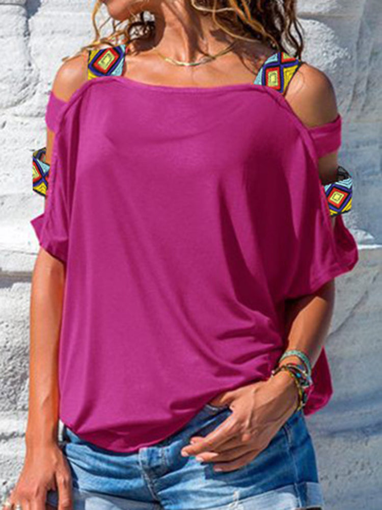 Women Solid Color Off Shoulder Short Sleeve Blouse Mssza