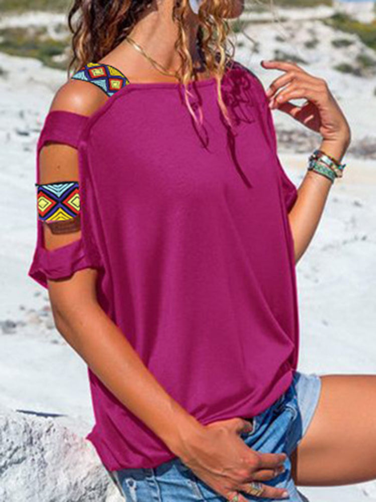 Women Solid Color Off Shoulder Short Sleeve Blouse Mssza