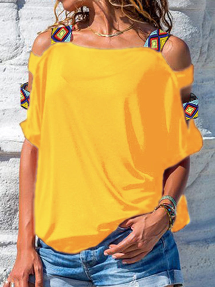 Women Solid Color Off Shoulder Short Sleeve Blouse Mssza