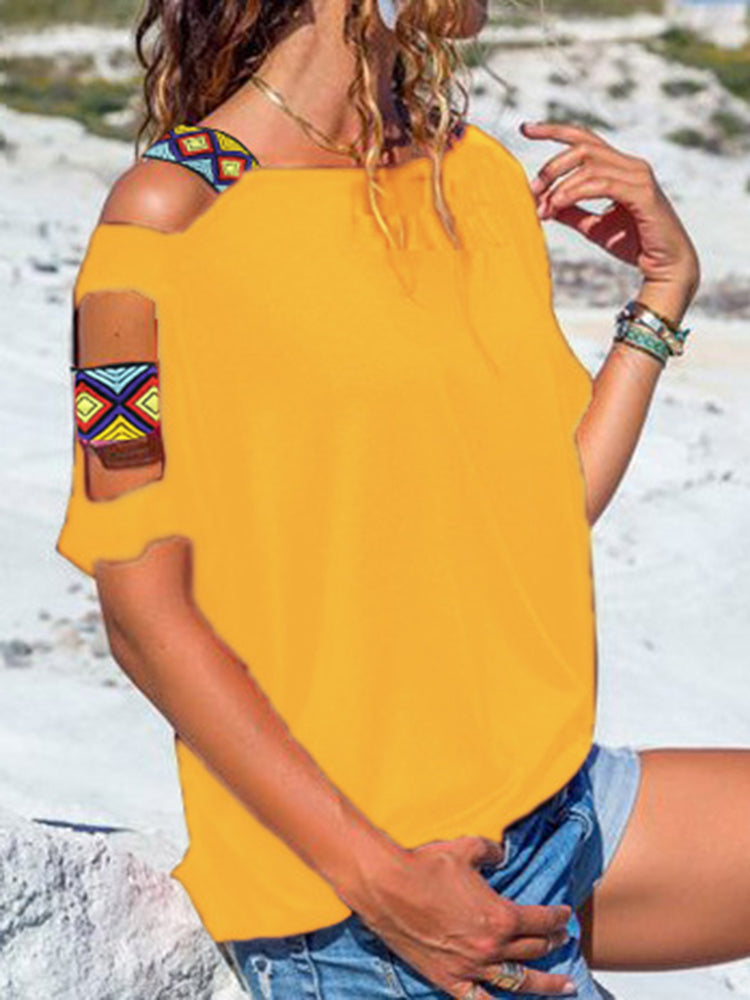 Women Solid Color Off Shoulder Short Sleeve Blouse Mssza