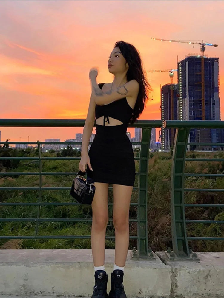 Spaghetti Strap Spring  Hollow Out Sleeveless New Lady Casual Mujer Mini Dress Mssaz Desses