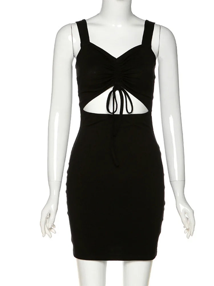 Spaghetti Strap Spring  Hollow Out Sleeveless New Lady Casual Mujer Mini Dress Mssaz Desses