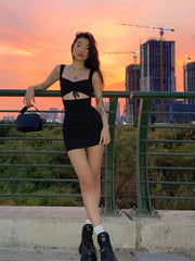 Spaghetti Strap Spring  Hollow Out Sleeveless New Lady Casual Mujer Mini Dress Mssaz Desses