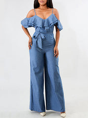 Women Spaghetti Straps Denim Jumpsuits Mssza