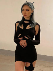 New Solid Black Stretch Slim Hollow Out Spring Casual High Street Cut Out Dress Mssaz Desses