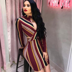 Stripe O-Neck Long Sleeve Bodycon Evening Party Backless  Short Mini Dress Mix Color Striped Dress Mssaz Desses