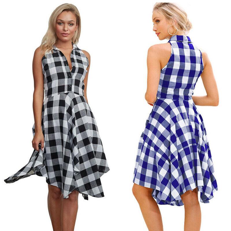 Casual Dress OL Ladies Sleeveless Plaid Shirt Dress Elegant Party Pleated Irregular Dress Lady Clothes Mssaz Desses