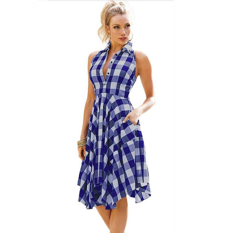 Casual Dress OL Ladies Sleeveless Plaid Shirt Dress Elegant Party Pleated Irregular Dress Lady Clothes Mssaz Desses