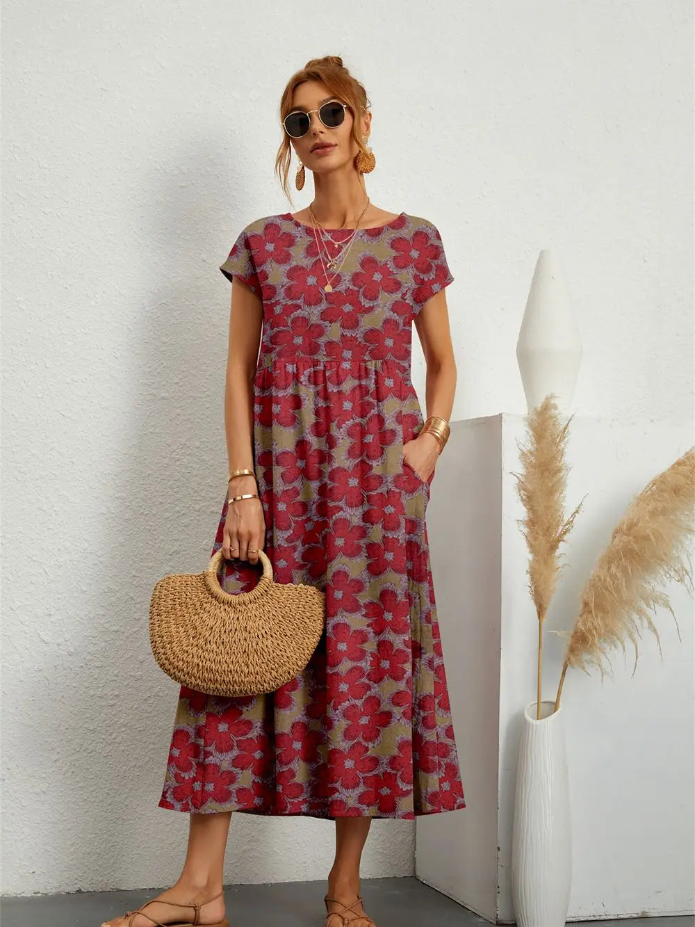 Style Short Sleeve Print O-neck Fold with Pockets Midi Dress Mssaz Desses