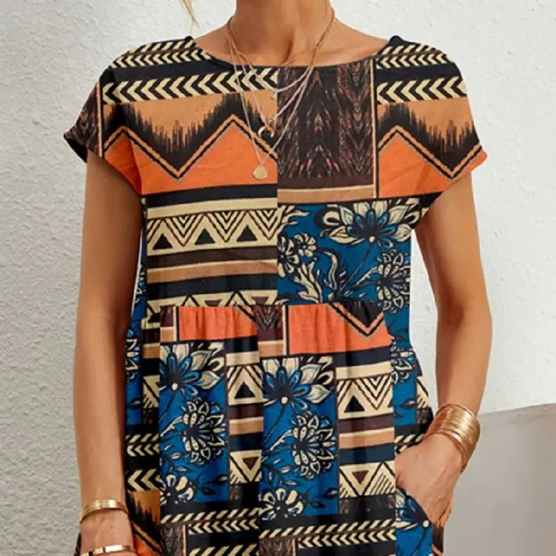 Style Short Sleeve Print O-neck Fold with Pockets Midi Dress Mssaz Desses