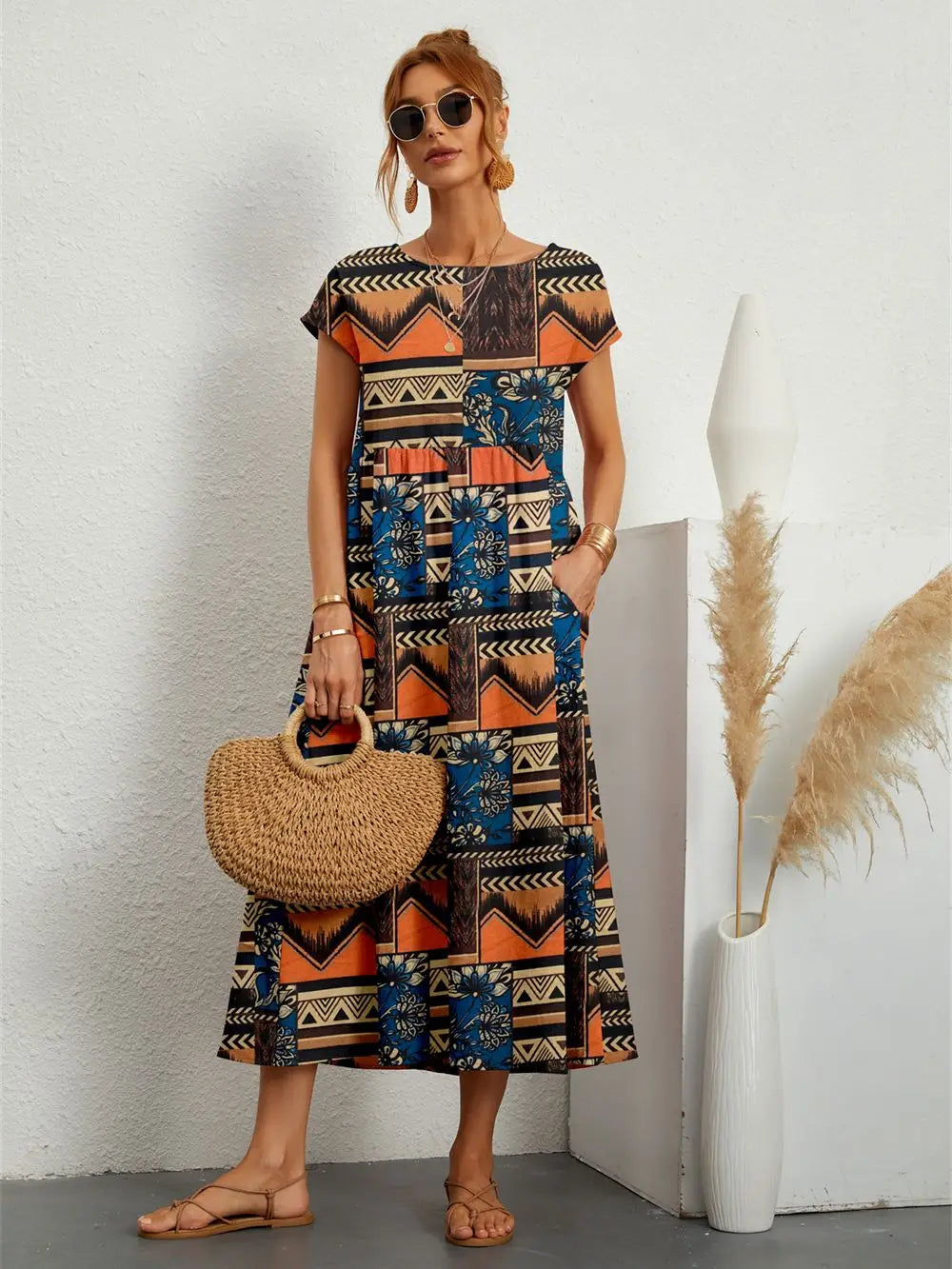 Style Short Sleeve Print O-neck Fold with Pockets Midi Dress Mssaz Desses