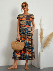 Style Short Sleeve Print O-neck Fold with Pockets Midi Dress Mssaz Desses