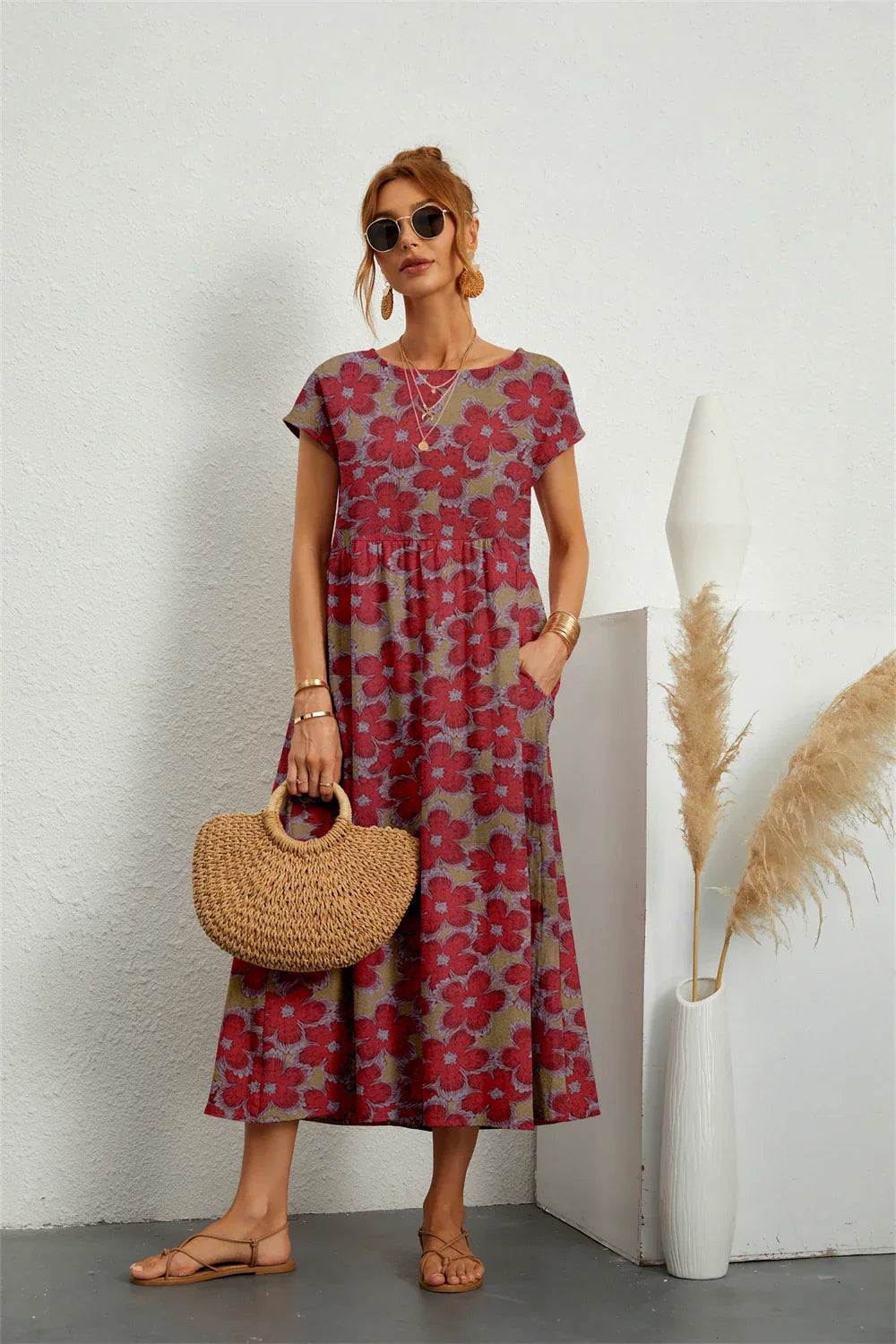 Style Short Sleeve Print O-neck Fold with Pockets Midi Dress Mssaz Desses